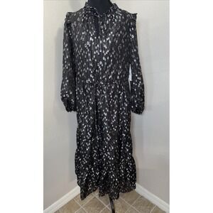 New Julia Jordan Midi Dress Women's 6 Metallic Black & Silver Sheer Sleeve Party